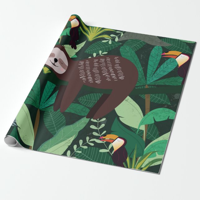 Cute sloth in green tropical illustration pattern wrapping paper (Unrolled)