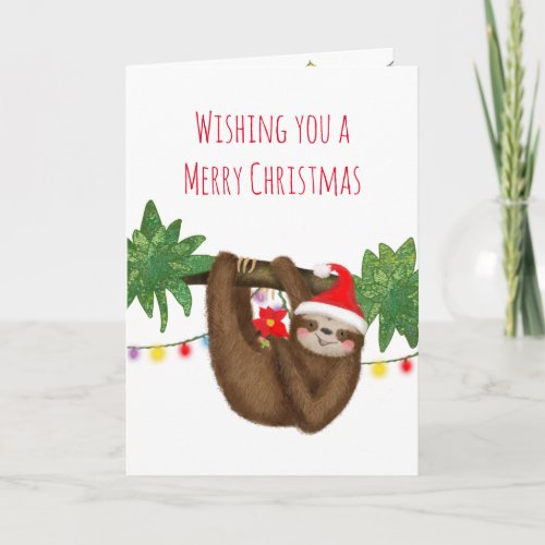 Cute sloth in Santa hat Christmas card