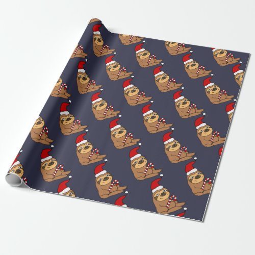 Cute Sloth in Santa Hat Christmas Cartoon Wrapping Paper