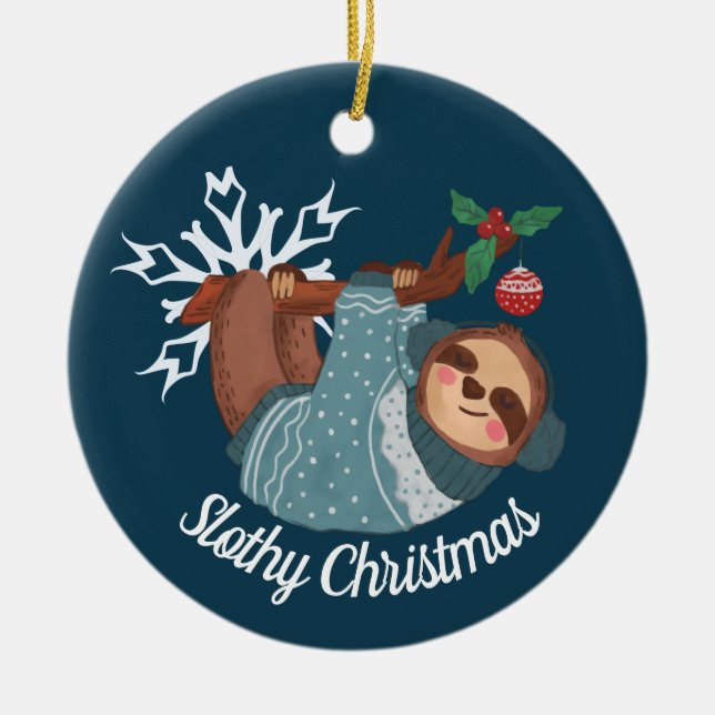 Cute Sloth in Sweater for a Slothy Christmas Ceramic Ornament (Front)