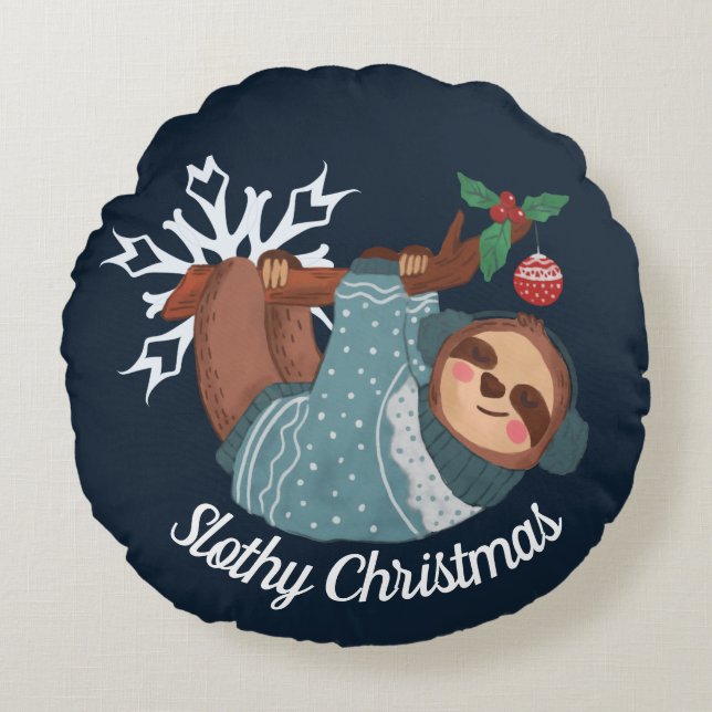Cute Sloth in Sweater for a Slothy Christmas Round Pillow (Front)