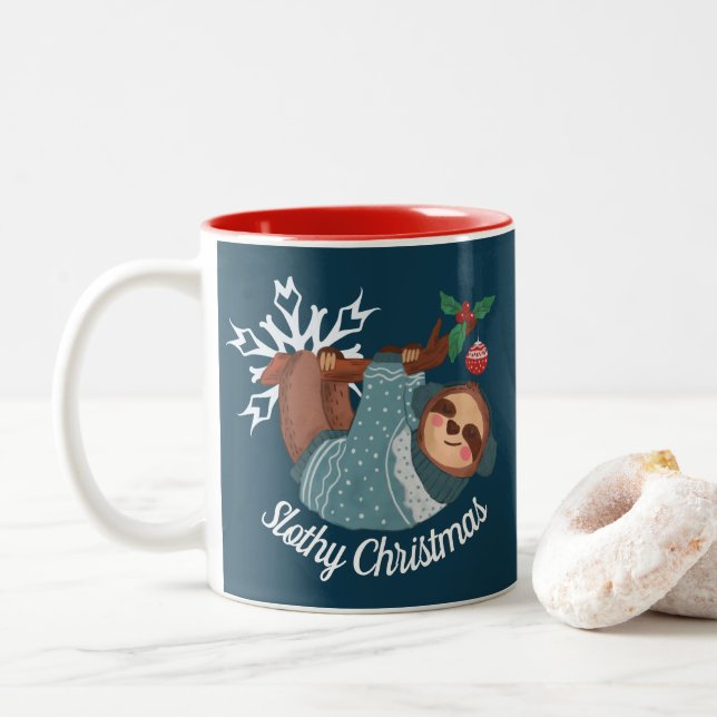 Cute Sloth in Sweater for a Slothy Christmas Two-Tone Coffee Mug (With Donut)
