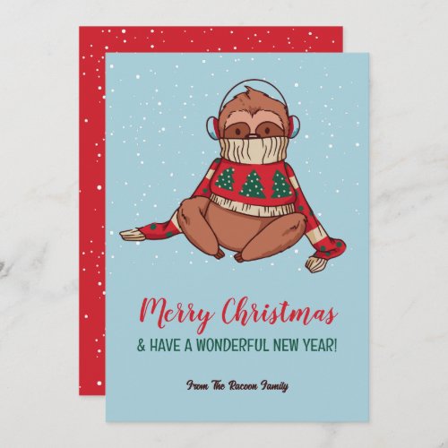 Cute Sloth in Sweater Snowy Winter Merry Christmas Holiday Card
