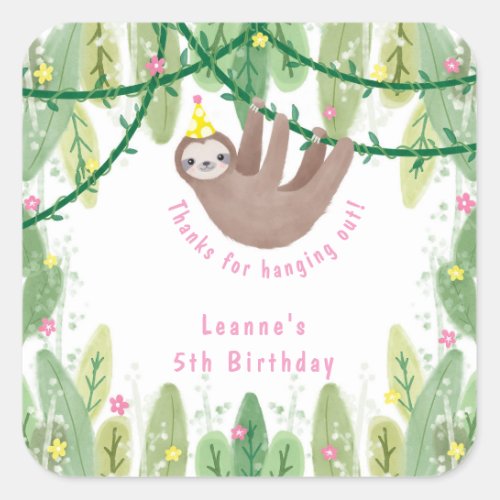 Cute sloth in yellow  white polka dot party hat square sticker