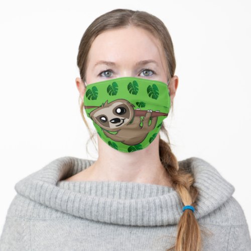 Cute Sloth Jungle Green Cartoon Rainforest Pattern Adult Cloth Face Mask
