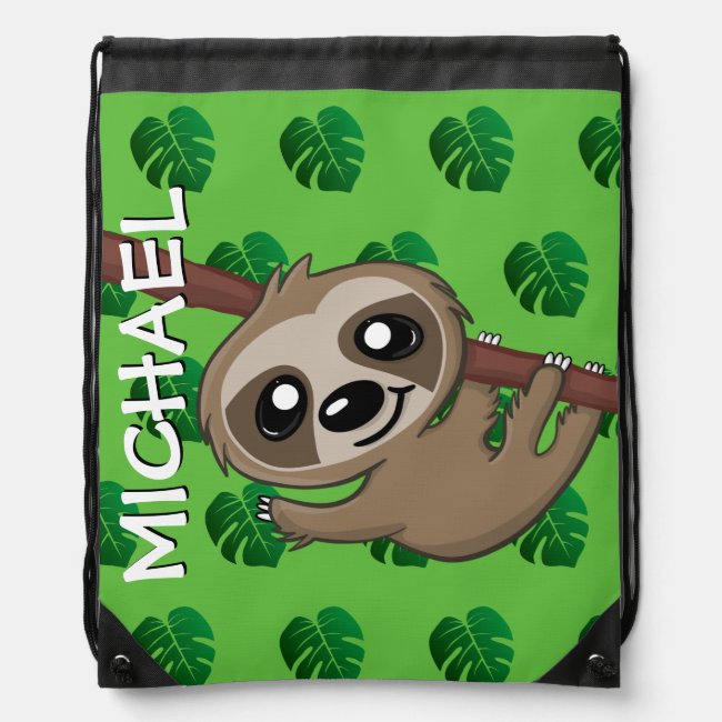 Cute Sloth Jungle Green Cartoon Rainforest Safari Drawstring Bag