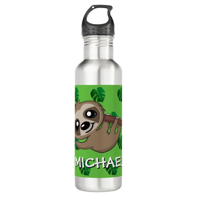 Cute Sloth Jungle Green Cartoon Zoo Safari Name Stainless Steel Water Bottle (Front)