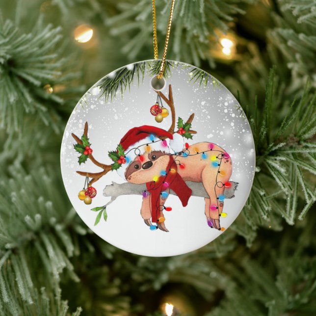 Cute Sloth Jungle Wildlife Animal Santa Hat Ceramic Ornament (Tree)