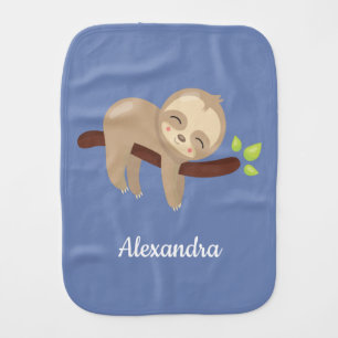 Cute Sloth Kawaii Illustration on Blue Baby Burp Cloth