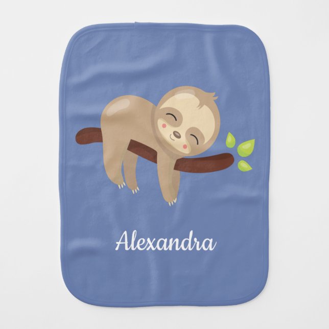 Cute Sloth Kawaii Illustration on Blue Baby Burp Cloth (Front)