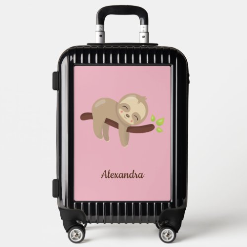 Cute Sloth Kawaii Illustration on Pink Monogrammed Luggage