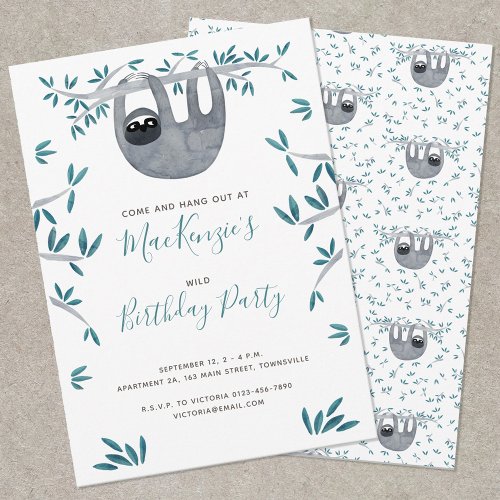 Cute Sloth Kids Birthday Party Invitation