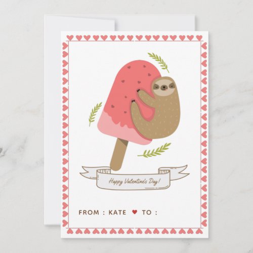 Cute Sloth Kids School Friend Valentines Day Pink Holiday Card