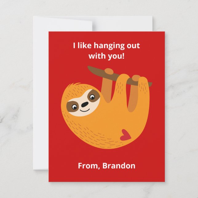 Cute Sloth Kids Valentines Day Classroom Note Card (Front)