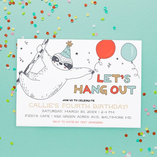 Cute Sloth Lets Hang Out Birthday Invitation