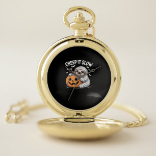 Cute Sloth Lovers Funny Halloween Pumpkin Essentia Pocket Watch
