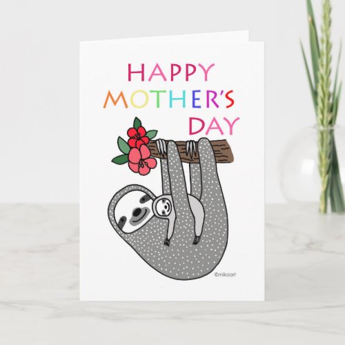 Cute Sloth Mom Baby Happy Mothers Day Rainbow Card