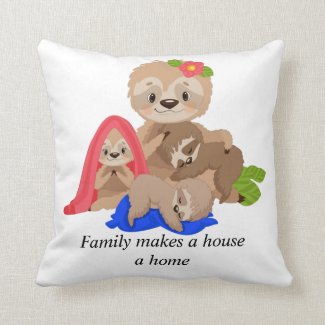 Cute Sloth Momma and Children Family House Home  Throw Pillow