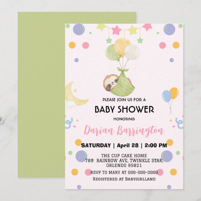 Cute sloth moon balloon baby shower party  invitation (Front/Back)