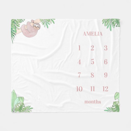 Cute Sloth Name Milestone Girl Baby Fleece Blanket