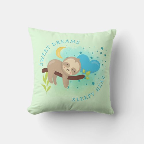 Cute Sloth Name Sweet Dreams Sleepy Head Boy green Throw Pillow