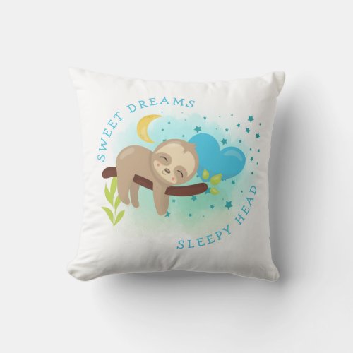 Cute Sloth Name Sweet Dreams Sleepy Head Boy Throw Pillow