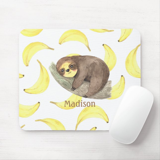 Cute Sloth on a Branch Bananas Animal Name Mouse Pad (With Mouse)