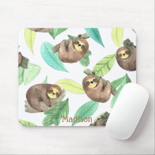Cute Sloth on a Branch Bananas Animal Name Mouse Pad