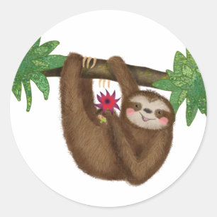 Cute sloth on a branch round stickers