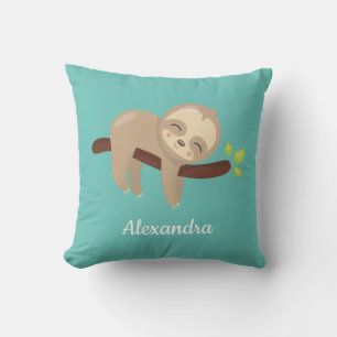Cute Sloth on Branch Baby Animal Nursery Teal Blue Throw Pillow