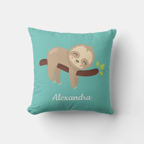 Cute Sloth on Branch Baby Animal Nursery Teal Blue Throw Pillow