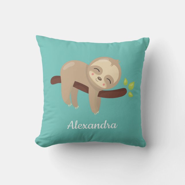 Cute Sloth on Branch Baby Animal Nursery Teal Blue Throw Pillow (Front)