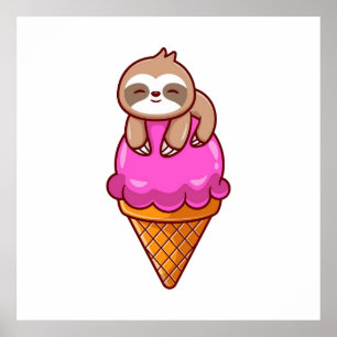 Cute Sloth On Ice Cream Cone Poster
