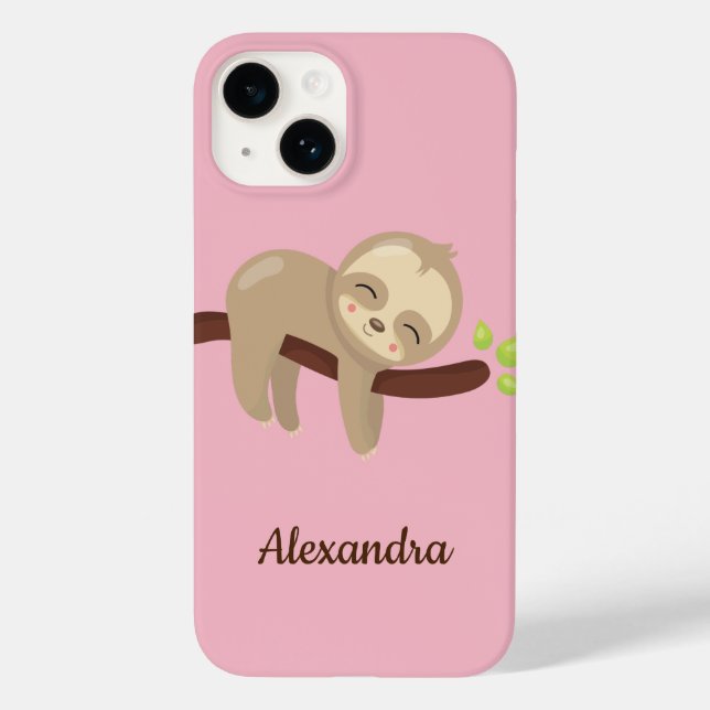 Cute Sloth on Tree Animal Illustration Pink Case-Mate iPhone Case (Back)