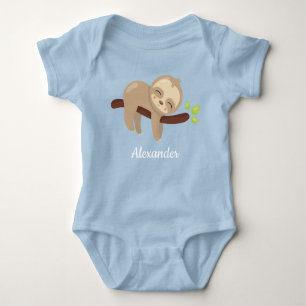 Cute Sloth on Tree Kawaii Animal Illustration Blue Baby Bodysuit