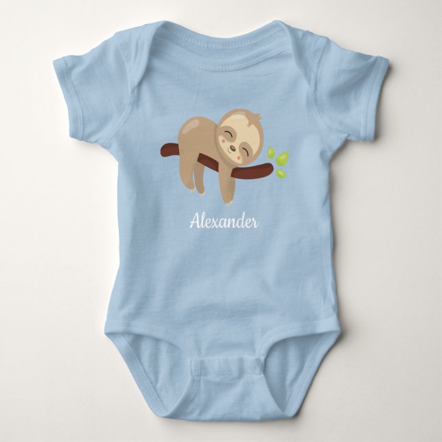 Cute Sloth on Tree Kawaii Animal Illustration Blue Baby Bodysuit (Front)