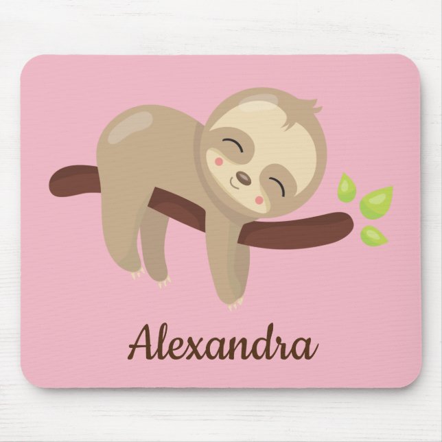 Cute Sloth on Tree Kawaii Animal Illustration Pink Mouse Pad (Front)
