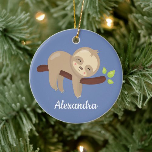 Cute Sloth on Tree Kawaii Animal On Blue Ceramic Ornament