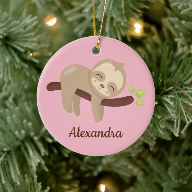 Cute Sloth on Tree Kawaii Animal On Pink Ceramic Ornament (Tree)