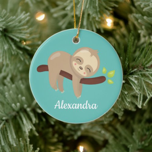 Cute Sloth on Tree Kawaii Animal On Teal Ceramic Ornament