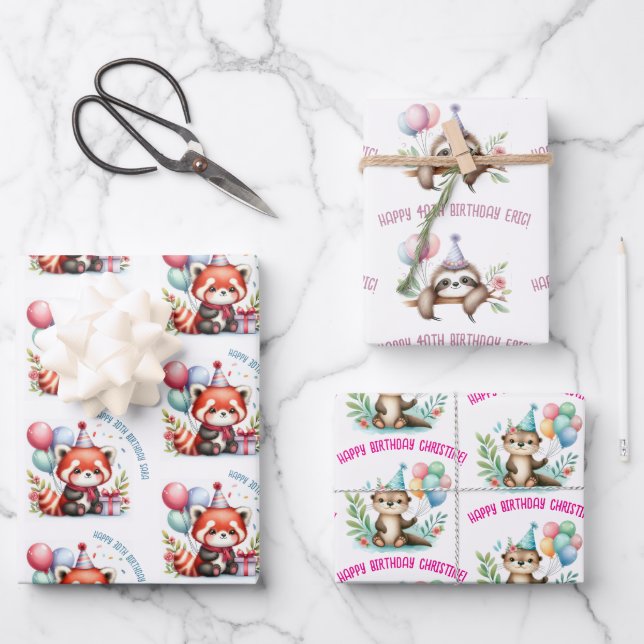 cute sloth otter red panda birthday celebration wrapping paper sheets (Front)