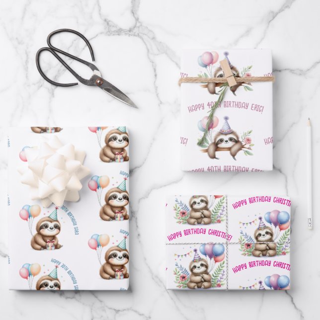 cute sloth over birthday celebration gift wrapping paper sheets (Front)
