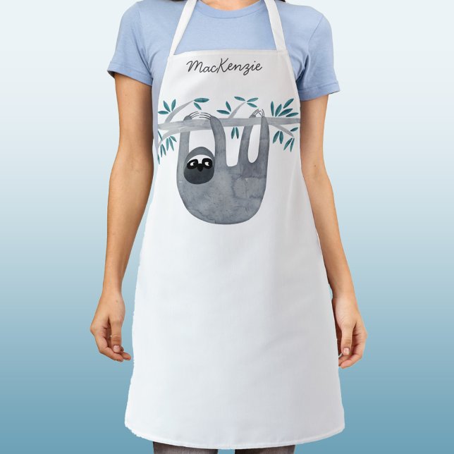 Cute Sloth Personalized Apron (Personalized name watercolor sloth apron)
