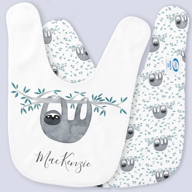 Cute Sloth Personalized Baby Bib (Cute personalized sloth watercolor art baby bib with sloth pattern on reverse)