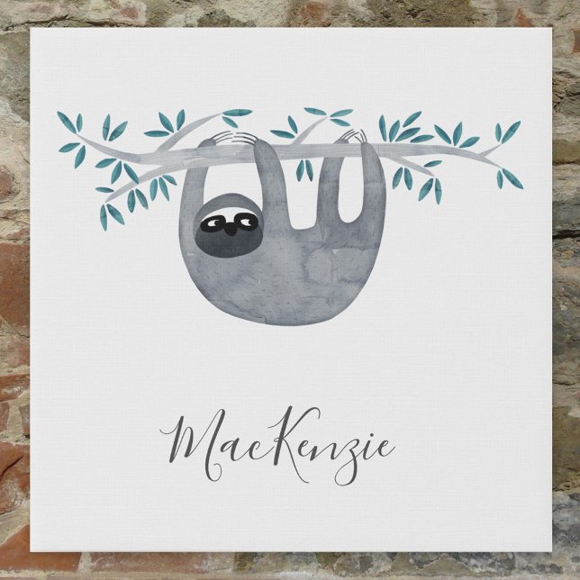 Cute Sloth Personalized Faux Canvas Print (Cute watercolor sloth personalized name faux canvas print)