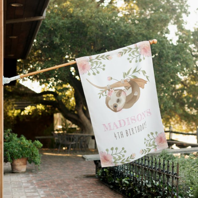Cute Sloth Personalized Girl Birthday House Flag (In SItu)