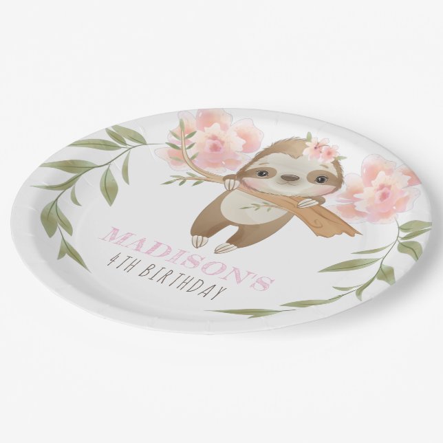 Cute Sloth Personalized Girl Birthday  Paper Plates (Angled)