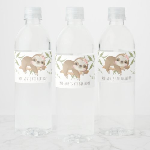 Cute Sloth Personalized Girl Birthday Water Bottle Label