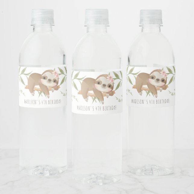 Cute Sloth Personalized Girl Birthday Water Bottle Label (Bottles)