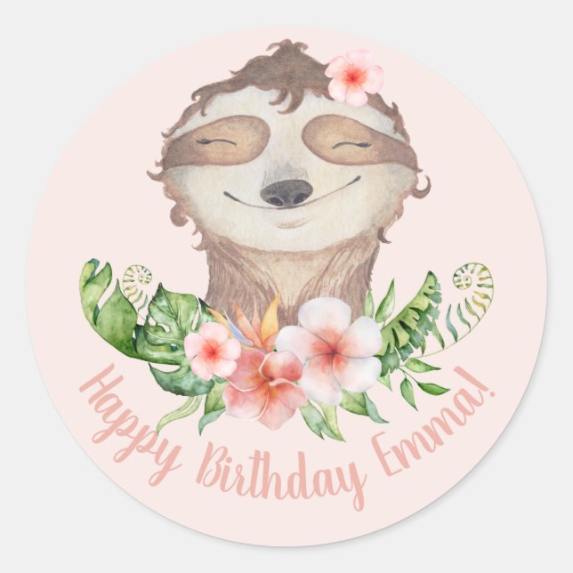 Cute sloth personalized happy birthday classic round sticker (Front)
